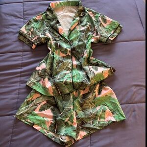 Silky tropical matching pajama set in pink and green - short sleeve and shorts